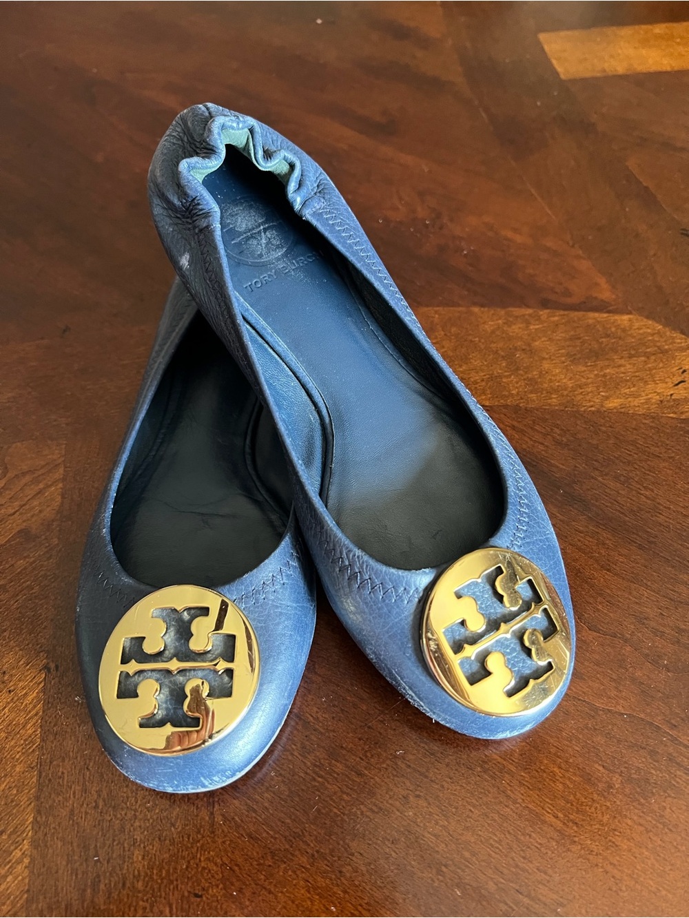 Tory Burch Navy Leather Ballet Flats with Gold Logo Medallion